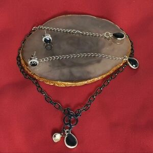 Silver Black Necklace Jewelry Set Modern Socialite New Preppy Diamond Studs 90s